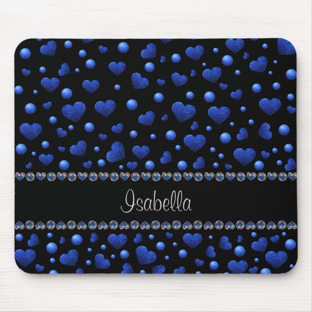 Custom name, Blue heart glitter pattern Mouse Pad (Front)