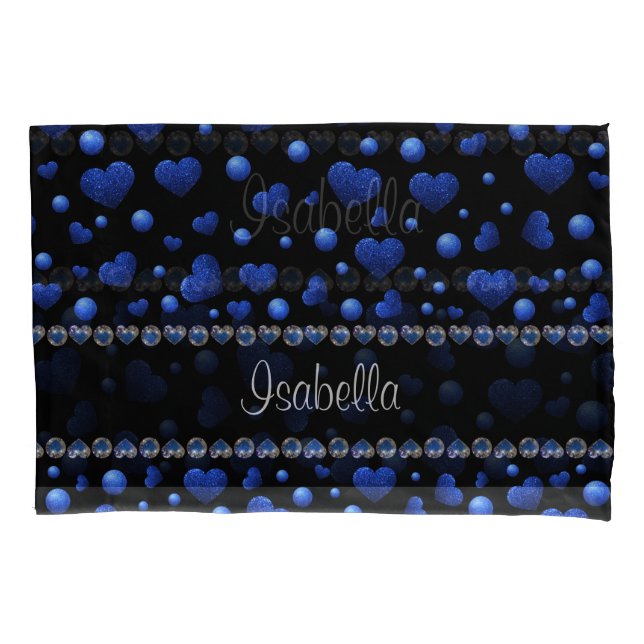 Custom name, Blue heart glitter pattern Pillowcase (Front-Left)