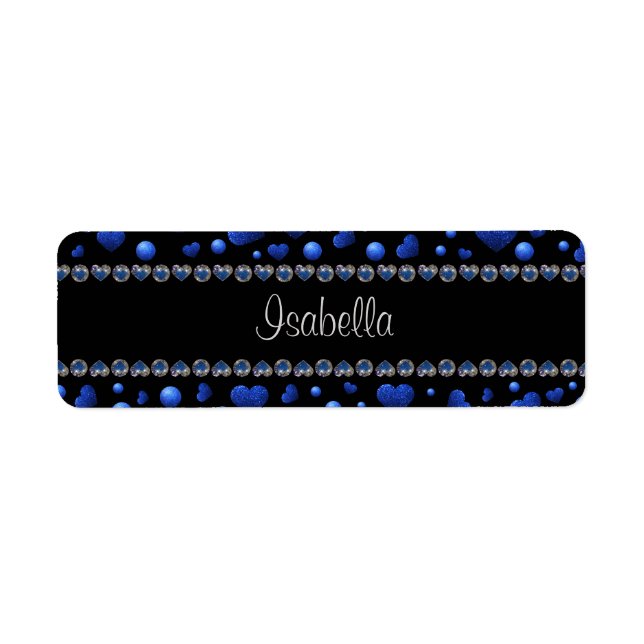 Custom name, Blue heart glitter pattern  Return Address Label (Front)