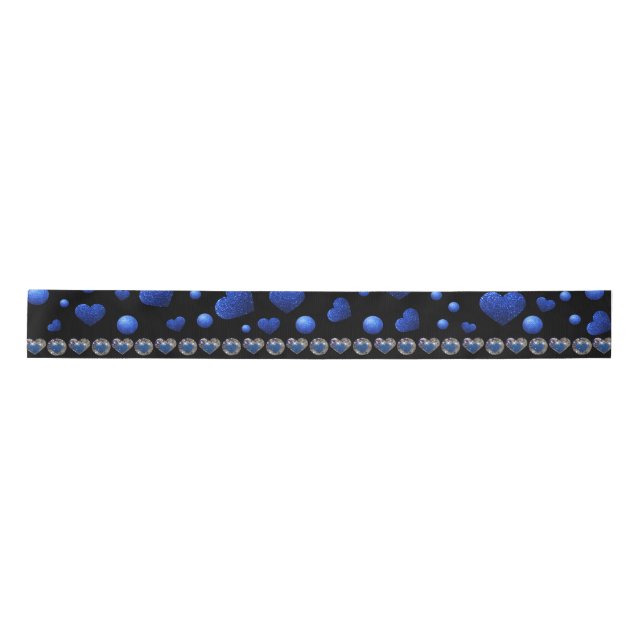 Custom name, Blue heart glitter pattern Satin Ribbon (Front)