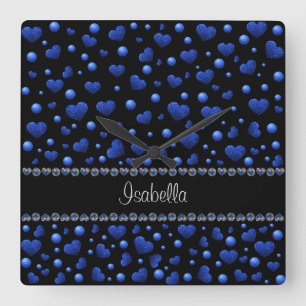 Custom name, Blue heart glitter pattern Square Wall Clock