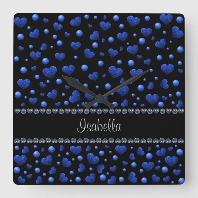 Custom name, Blue heart glitter pattern  Square Wall Clock (Front)