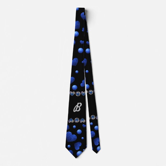 Custom name, Blue heart glitter pattern Tie (Front)
