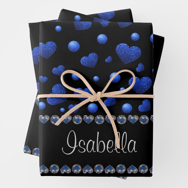 Custom name, Blue heart glitter pattern  Wrapping Paper Sheet (In situ)
