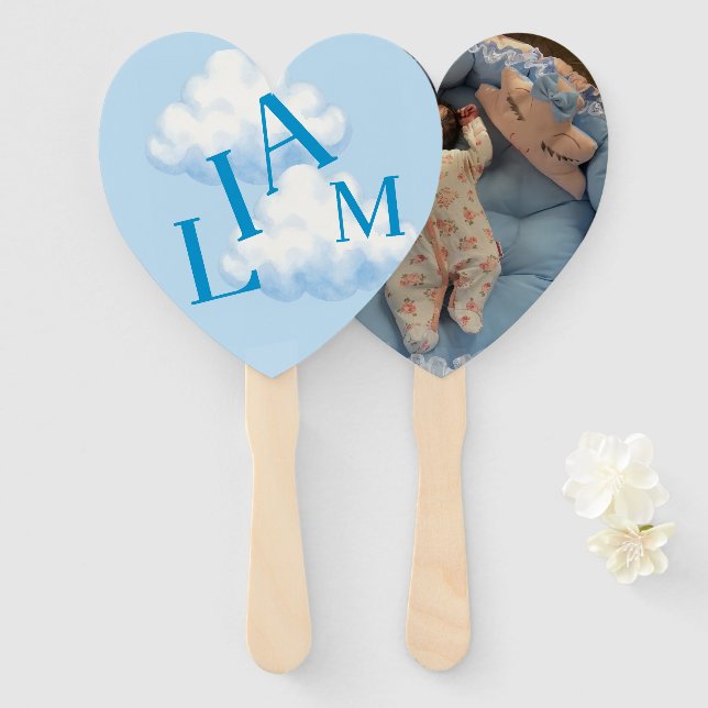 Custom Name Blue Heart Hand Fan  (Front and Back)
