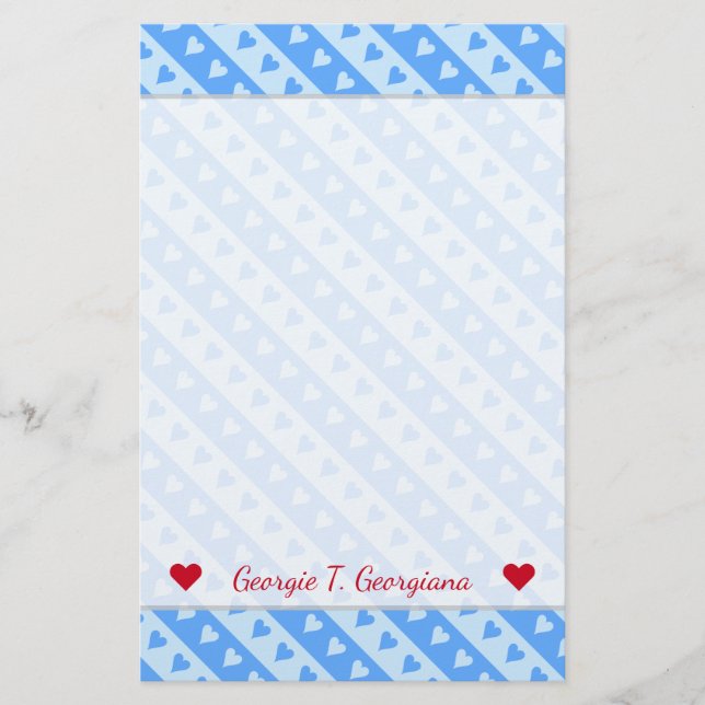 Custom Name + Blue Hearts and Stripes Pattern Stationery (Front)