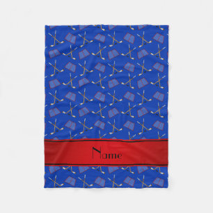 Custom name blue hockey sticks red stripe fleece blanket