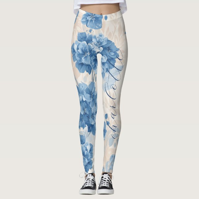 Custom Name Blue Hydrangea Botanical Leggings (Front)