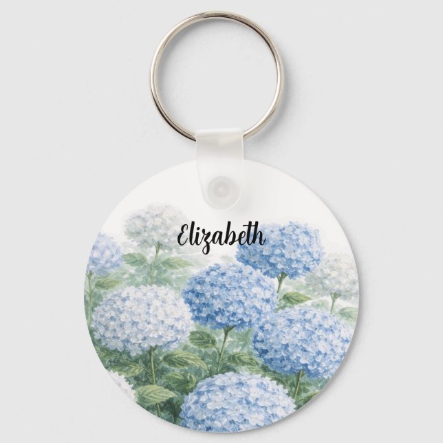 Custom Name Blue Hydrangea Painting Key Ring (Front)