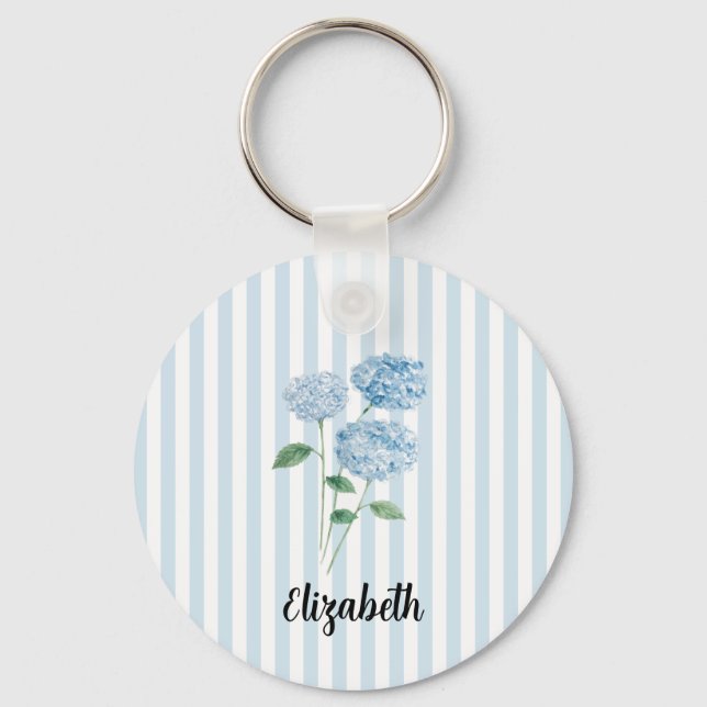 Custom Name Blue Hydrangea Painting Stripe Key Ring (Front)
