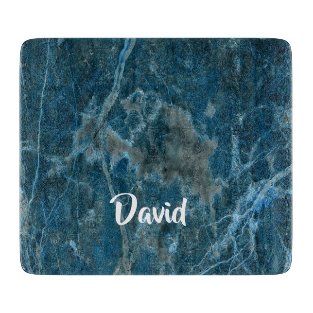 Custom name blue marble tile cutting board (Front)