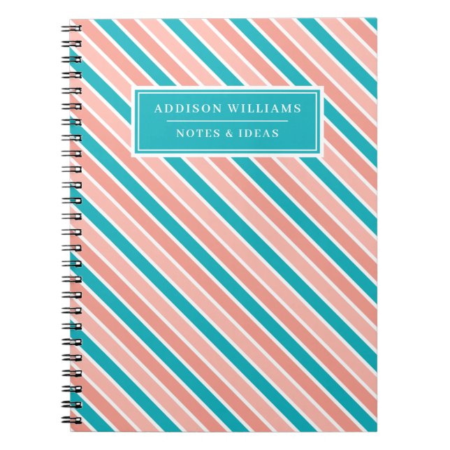 Custom Name Blue Pink Stripe Pattern Notebook (Front)