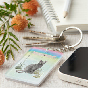 Custom Name Blue Russian Cat Pet Key Ring