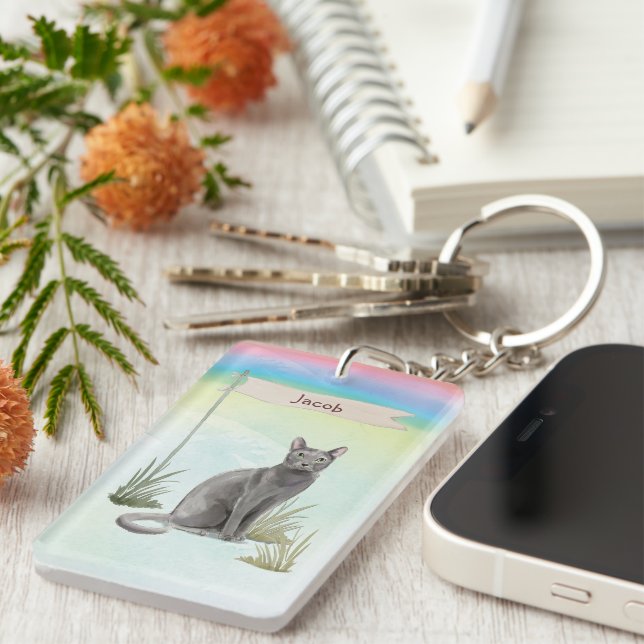 Custom Name Blue Russian Cat Pet Key Ring (Front Right)