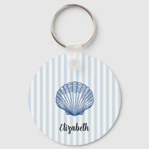 Custom Name Blue Seashell Scallop Painting Stripe Key Ring