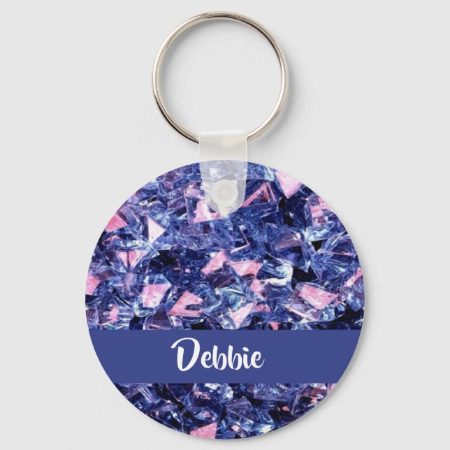 Custom name blue  shiny  crystals key ring (Front)