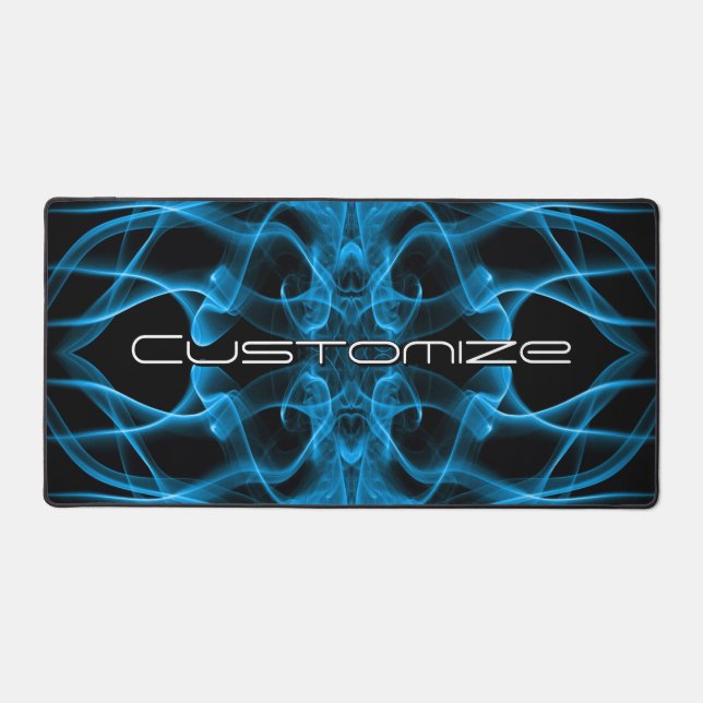 Custom Name Blue Smoke Symmetrical Black Desk Mat (Front)