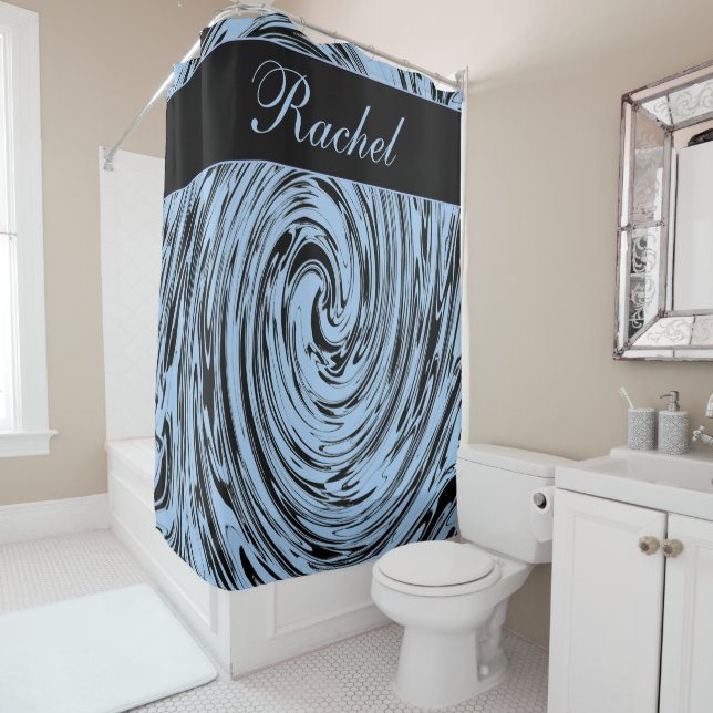 Custom Name Blue Swirls Abstract Pattern Modern Shower Curtain (In Situ)