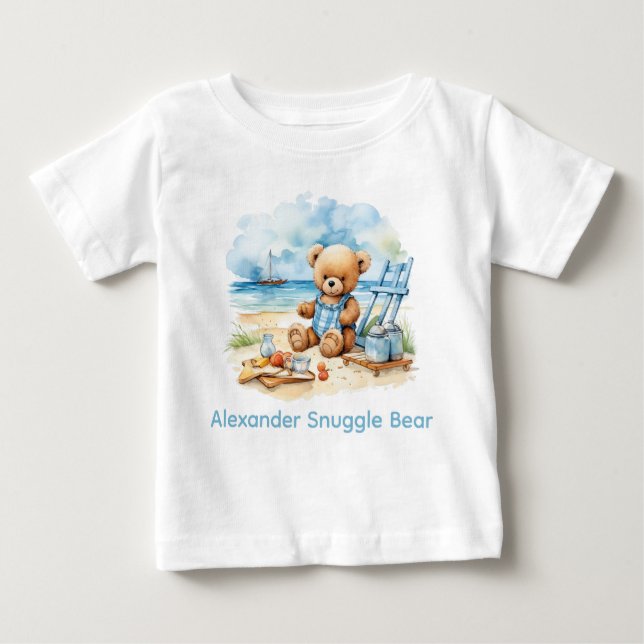 Custom Name Blue Teddy Bear Baby Shirt (Front)
