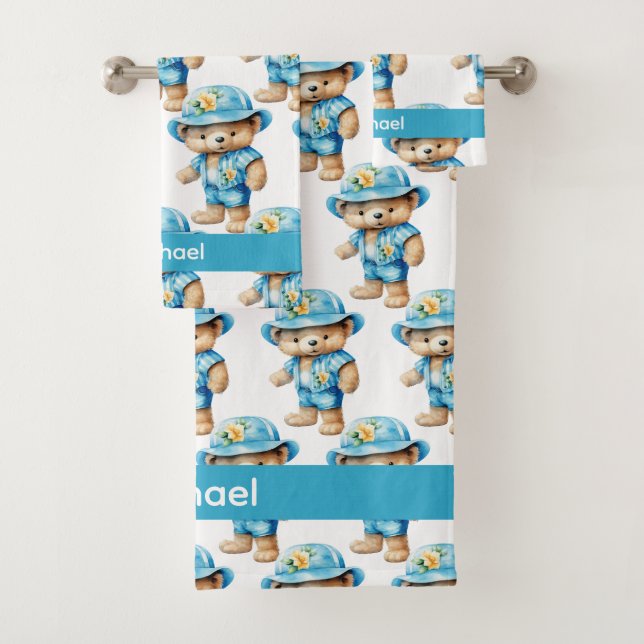 Custom Name Blue Teddy Bear Boy's Bath Towel Set (Insitu)