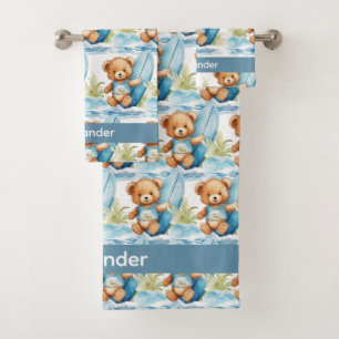Custom Name Blue Teddy Bear Boy's Bath Towel Set