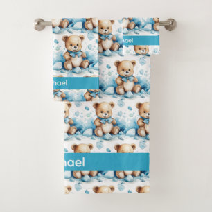 Custom Name Blue Teddy Bear Boy's Bath Towel Set