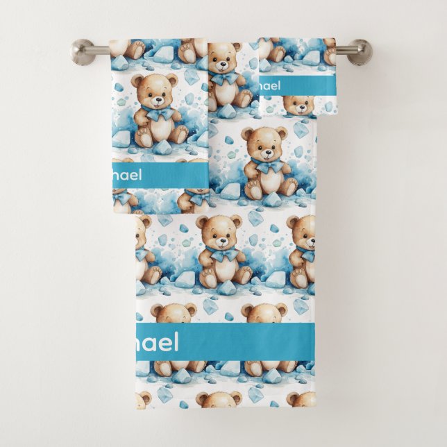 Custom Name Blue Teddy Bear Boy's Bath Towel Set (Insitu)