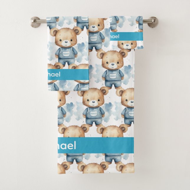 Custom Name Blue Teddy Bear Boy's Bath Towel Set (Insitu)