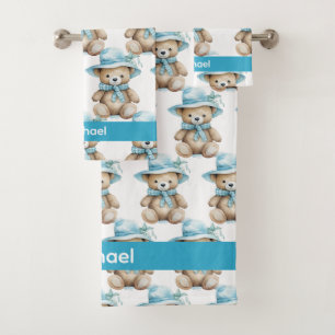 Custom Name Blue Teddy Bear Boy's Bath Towel Set