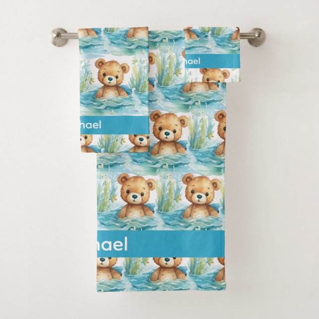 Custom Name Blue Teddy Bear Boy's Bath Towel Set (Insitu)