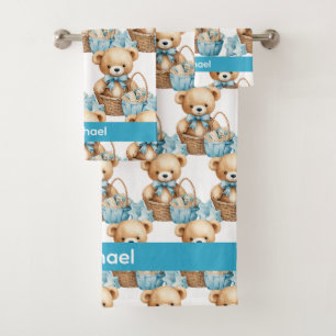 Custom Name Blue Teddy Bear Boy's Bath Towel Set