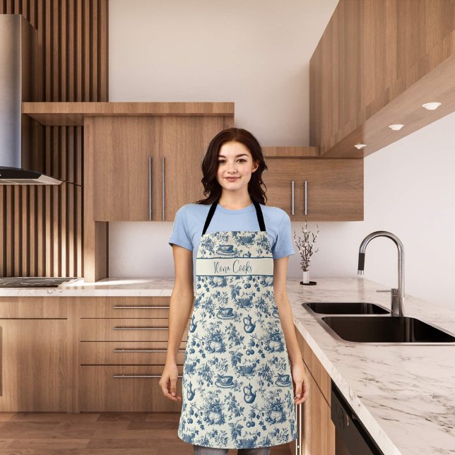 Custom Name Blue Toile Print Apron (Blue toile pattern apron)