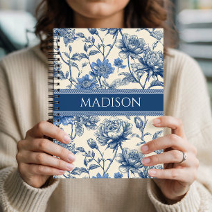 Custom Name Blue Vintage Flowers Monogram Floral Notebook