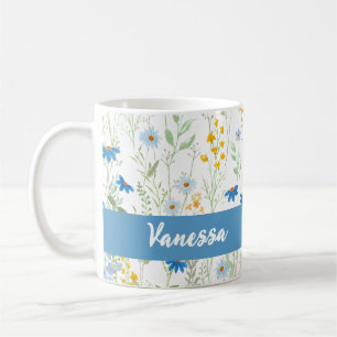 Custom Name Blue Watercolor Wildflower Pattern Coffee Mug