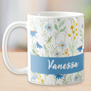 Custom Name Blue Watercolor Wildflower Pattern Coffee Mug