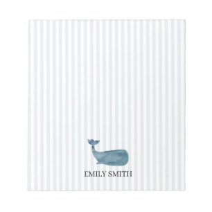 Custom Name Blue Whale Nautical Stripe Notepad