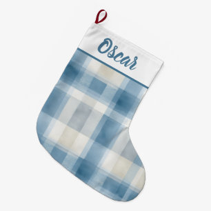 Custom Name Blue & White Plaid Christmas Stocking
