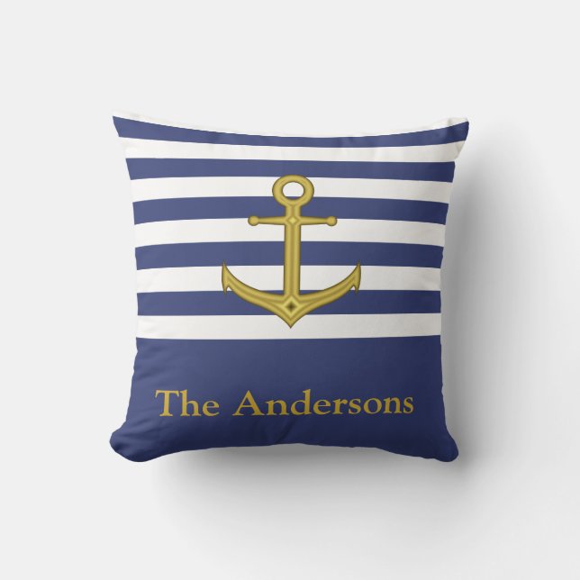 Custom Name Blue & White with Faux Gold Anchor Cushion (Front)