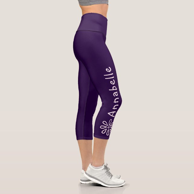 Custom Name - Blush Flower Doodle - Solid Violet Capri Leggings (Right)