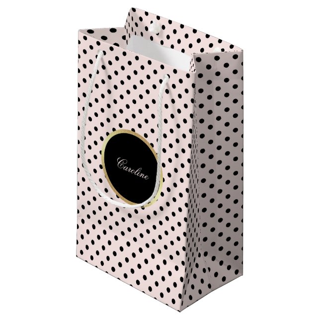 Custom Name Blush Pink | Black Polka Dot Pattern Small Gift Bag (Front Angled)