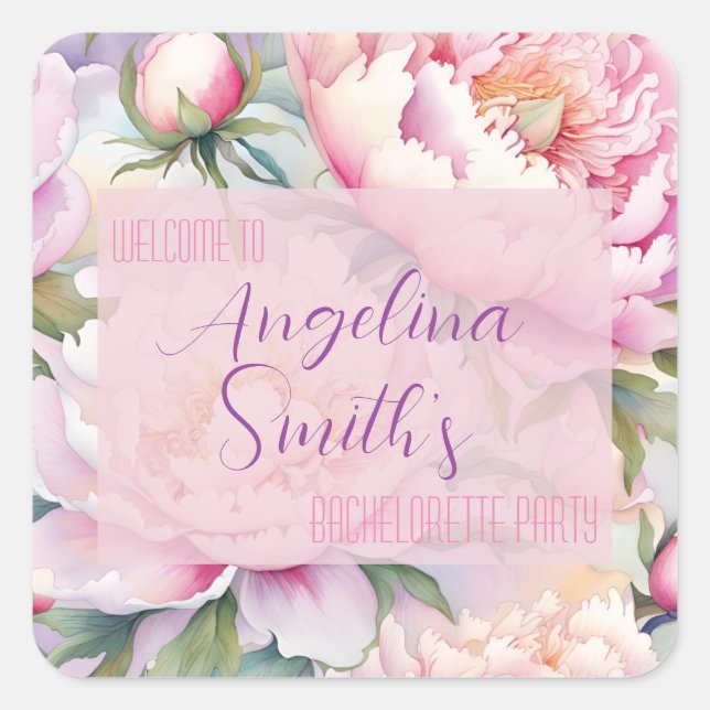 Custom Name Blush Pink Peony Bachelorette Party Square Sticker (Front)