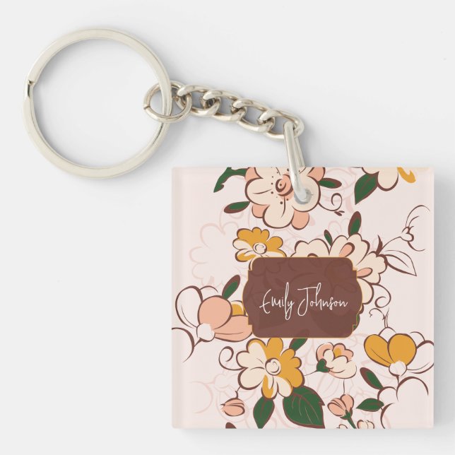 Custom Name Bohemian Peach Floral Script Name Key Ring (Front)