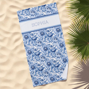 Custom Name Botanical Blue Floral Delicate Flower Beach Towel