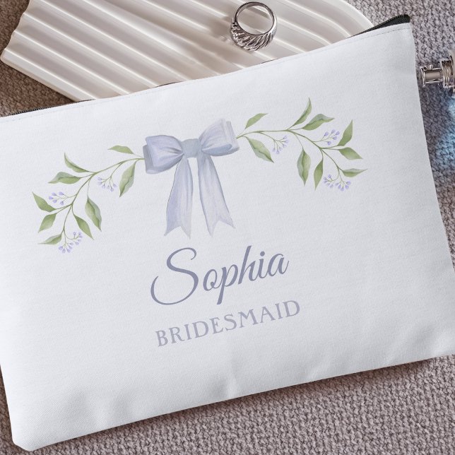 Custom Name Bow Bridesmaid Proposal Gift Makeup Accessory Pouch (Bridal party pouch with personalized name and dusty blue bow, ideal for bridesmaid proposal gifts.)