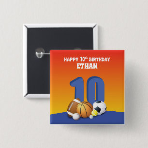 Custom Name Boy 10th Birthday Sports Balls 15 Cm Square Badge