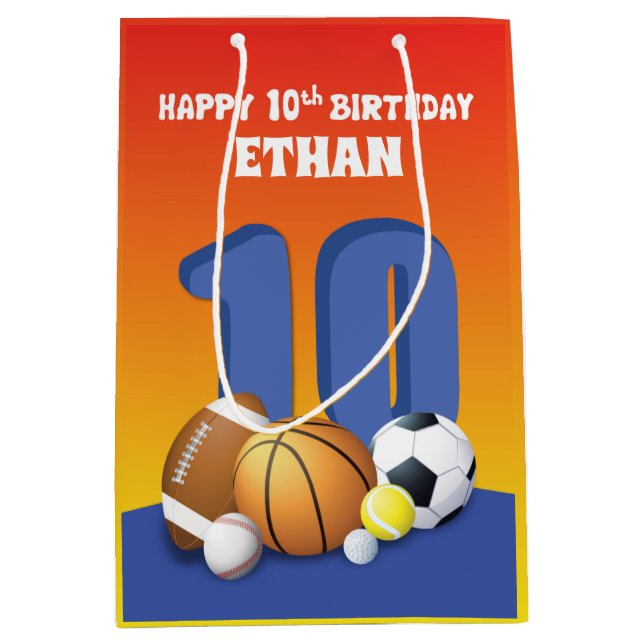 Custom Name Boy 10th Birthday Sports Balls Medium Gift Bag (Front)