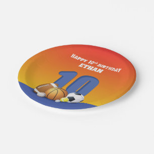 Custom Name Boy 10th Birthday Sports Balls Paper Plate