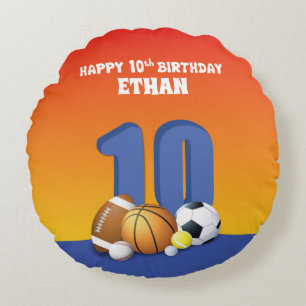 Custom Name Boy 10th Birthday Sports Balls Round Cushion
