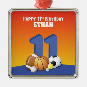 Custom Name Boy 11th Birthday Sports Balls Metal Ornament