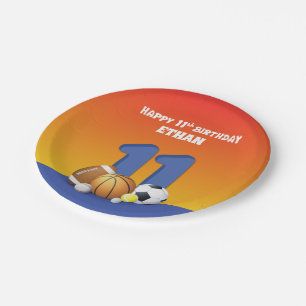 Custom Name Boy 11th Birthday Sports Balls Paper Plate